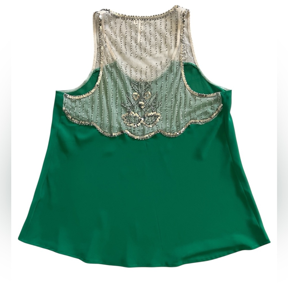 Petticoat Alley Womens Sheer Green Top With Beading and Gold Sequin Details SZ M